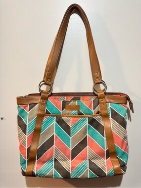 Chevron Canvas Tote with Brown Trim in Teal, Coral & Brown